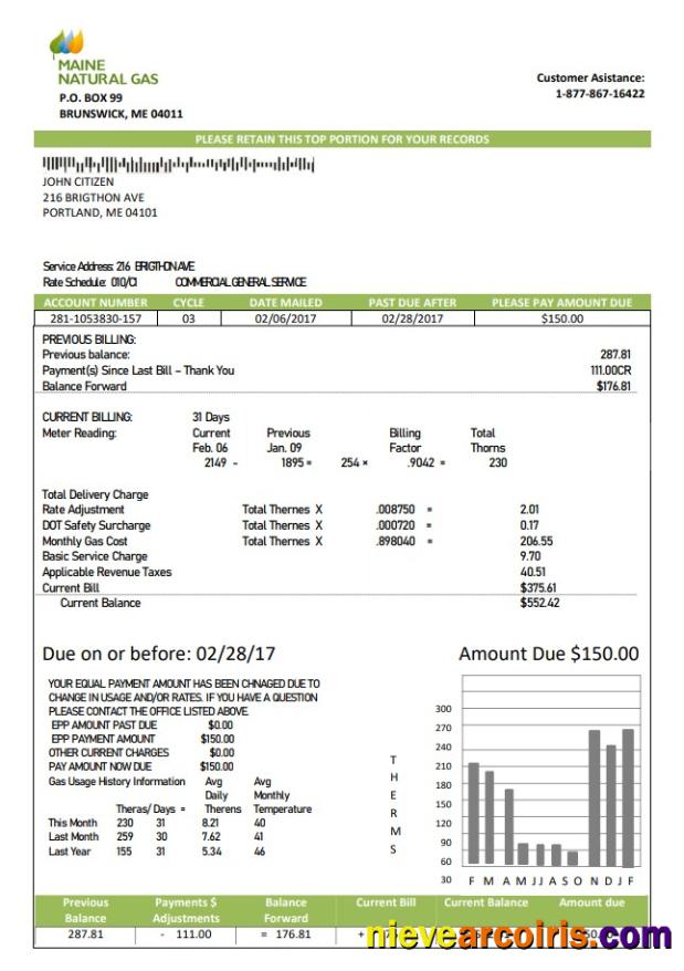 USA Maine Natural Gas Portland utility bill
